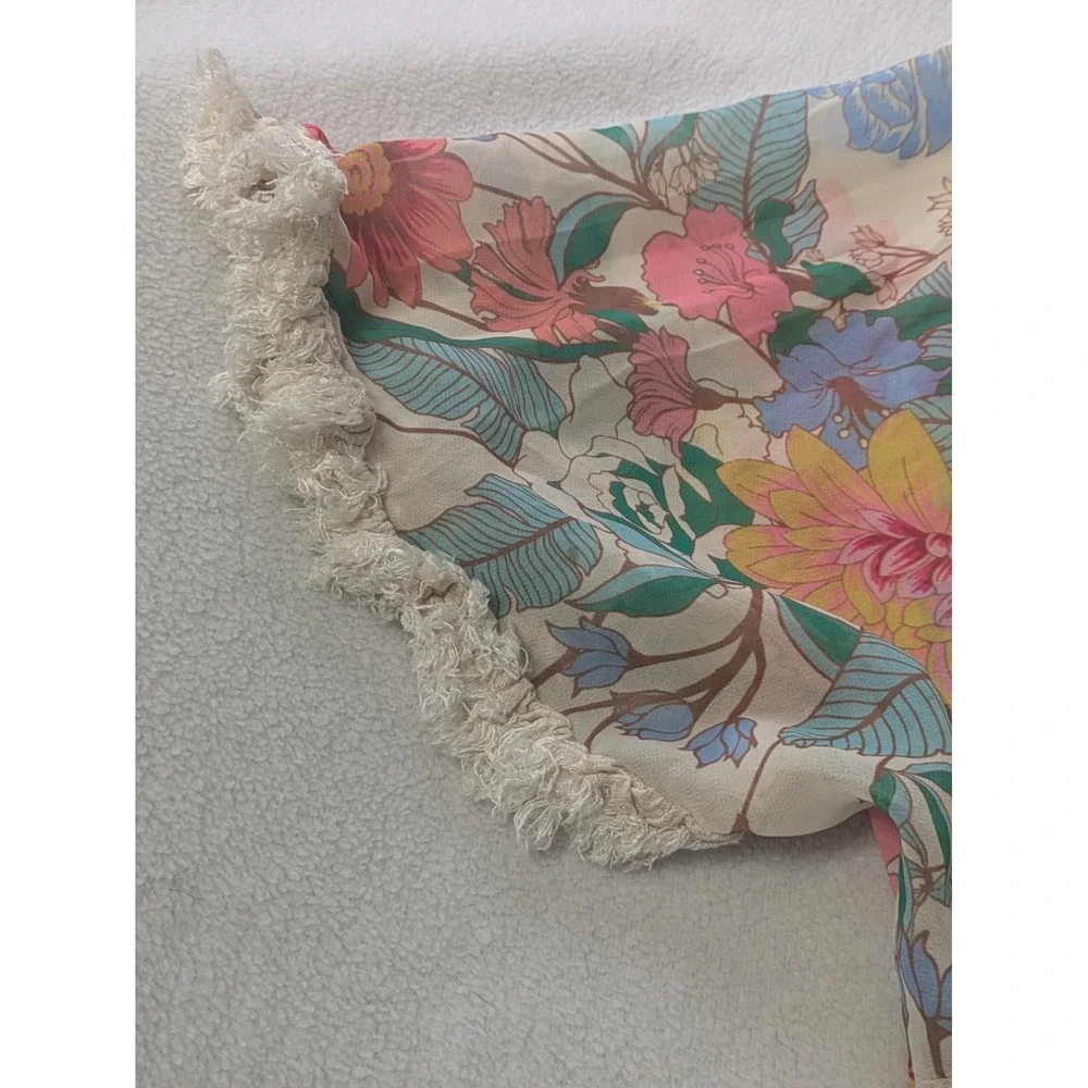 Umgee Kimono 3/4 Sleeve Fringe Hem Open Tunic Med Large Linen Oatmeal Floral‎ - Picture 6 of 11
